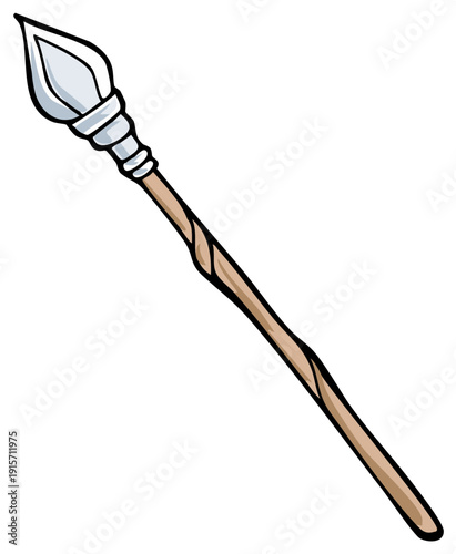 Cartoon Illustration Depicting a Native Spear Weapon with an Ornate Point, Shaft, and Dark Outline for Battle