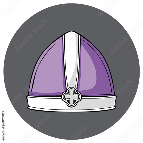 Purple religious headwear illustration with white accents on grey background with elongated shadow, simple graphic drawing for faith visuals.