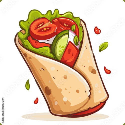 Vector illustration of doner kebab wrap with fresh vegetables and sliced meat in flatbread, street food meal isolated on a white background
