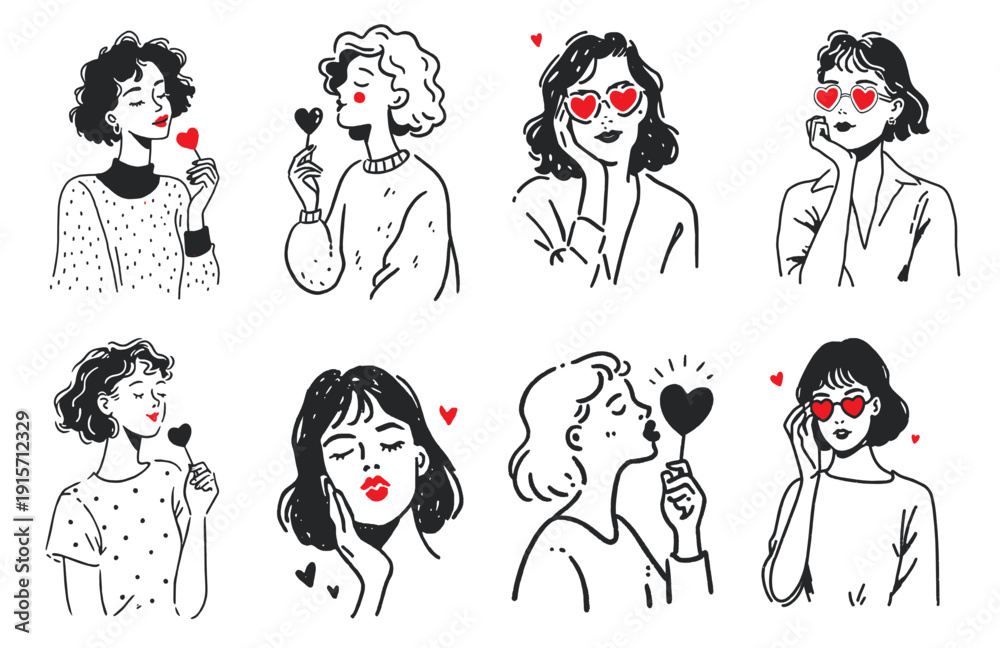 Fototapeta premium Valentine women doodle portraits with hearts kisses and heart shaped sunglasses