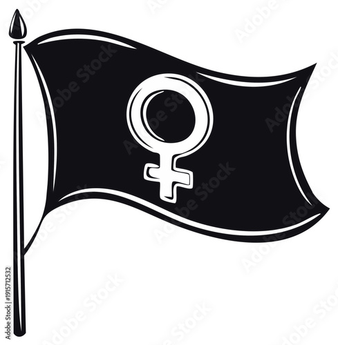 Black flag with a white female symbol design waving on a flag pole illustration.