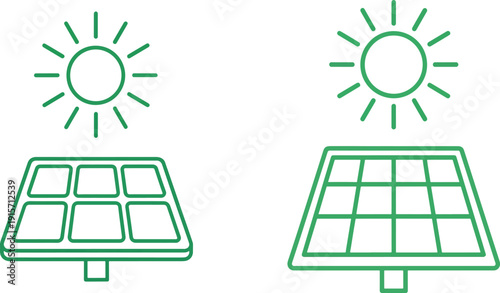 Two green line of solar panels with sun symbols above them on a white background also transparent background