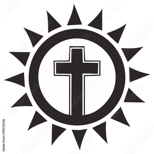 Christian Cross Symbol Within a Circular Sunburst Emblem representing faith and divinity