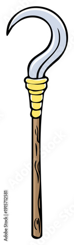 Cartoon sickle or scythe with curved silver blade and wooden handle isolated on white