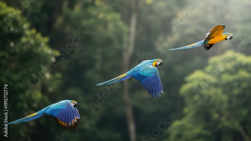Three colorful macaws flying in formation through a lush forest with vibrant green trees