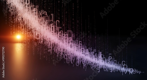 Digital rain of data with glowing orange light, abstract technology background with binary code and letters
