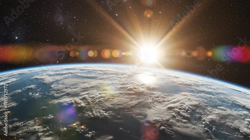 vibrant planet earth rising over horizon with radiant sun shining brightly in outer space cosmic landscape scenery