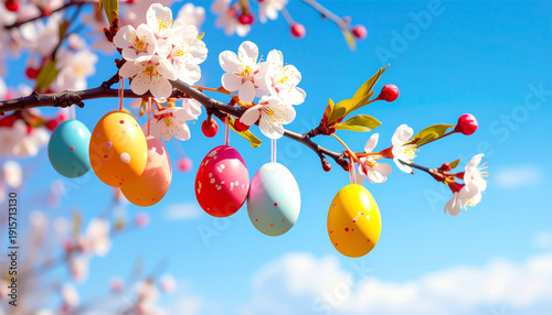 Ostereier als Frühlingsdeko an blühendem Kirschzweig