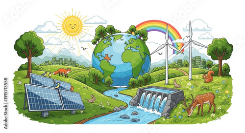 Eco friendly renewable energy sources and sustainable planet earth with solar panels wind turbines and hydroelectric dam in a green
