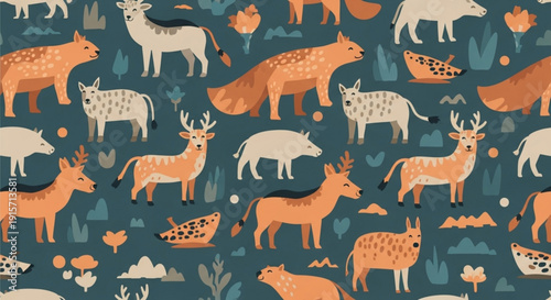 Vibrant forest animal pattern with deer boar and foliage on dark blue background