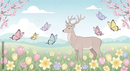Deer stands amidst colorful spring flowers with butterflies fluttering around in a serene natural landscape
