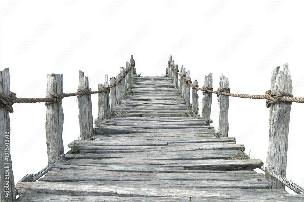 Obraz premium Old broken wooden rope bridge on a white background. Space for text.