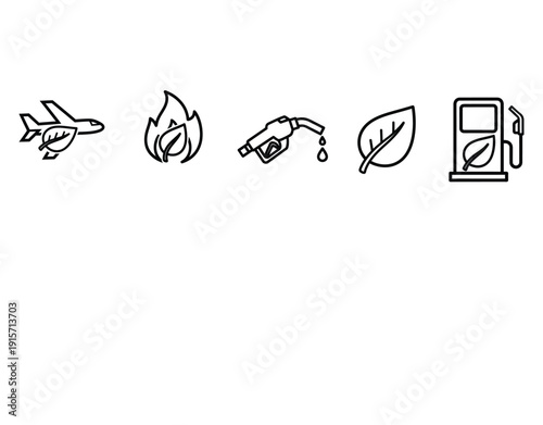 Eco friendly transportation fuel icons  airplane fuel nozzle leaf  green energy symbols