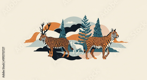 Tiger and deer hybrid standing together in forest landscape with trees and mountains