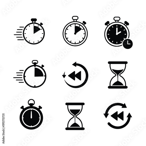 Time management and time passing icons including stopwatches and hourglasses for productivity and scheduling  various symbols for time measurement and control