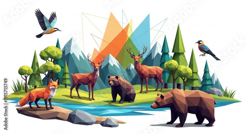 Wildlife scene with forest animals and birds in a natural mountain habitat with trees and river