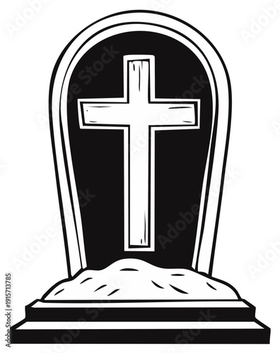 Classic Christian Cross Tombstone Gravestone Monument with Mound of Earth