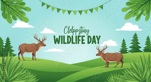 Wildlife day celebration with deer in green forest landscape