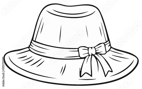 Line Drawing of a Wide-Brimmed Hat with a Ribbon and Bow Accessory