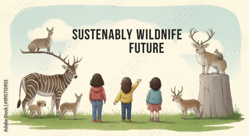 Children exploring sustainable wildlife future with various animals in harmony