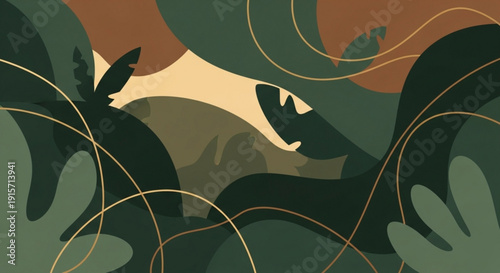 Abstract green foliage illustration with earthy tones and flowing gold lines creating a natural landscape background