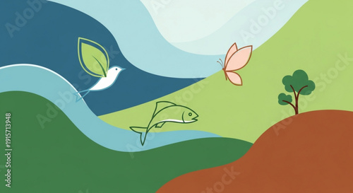 Eco friendly landscape with bird fish butterfly and tree on hill symbolizing nature conservation and harmony