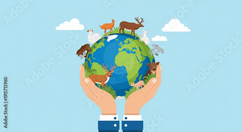 Hands holding earth globe with diverse animals symbolizing environmental conservation and wildlife protection
