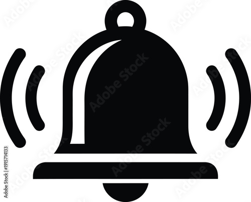 A black and white illustration of a ringing bell with sound waves