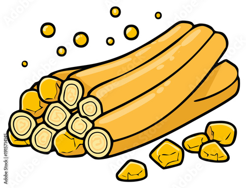 Fresh raw sugarcane stalks with rock sugar and juice drops cartoon vector illustration