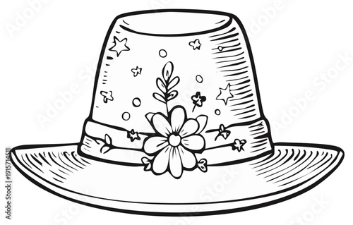 Hand drawn festive wide brim hat adorned with floral elements and star patterns