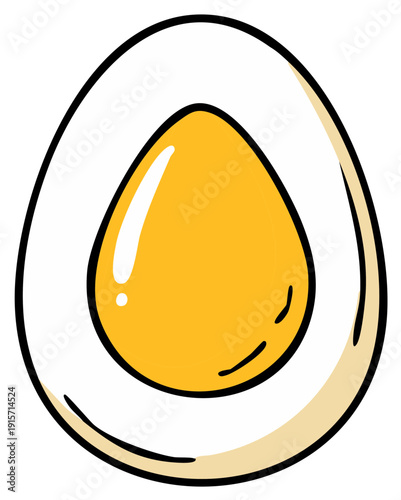 Simple cartoon style hard boiled egg half illustration with a vibrant yellow yolk