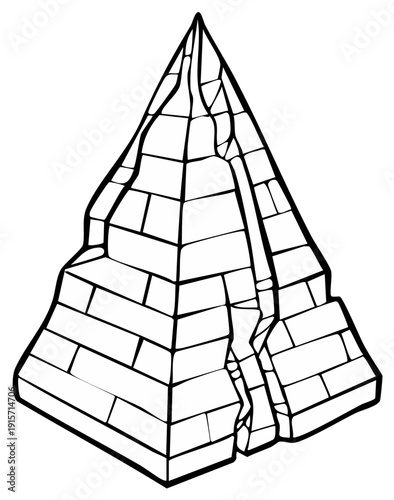 Line art style illustration of a broken brick pyramid with visible damage and rough outline