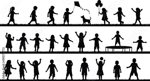 Children playing silhouettes, joyful outdoor activities balloons kite dog fun flat vector