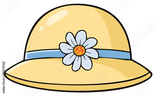 Cartoon illustration of a yellow summer sun hat with a white daisy and blue ribbon