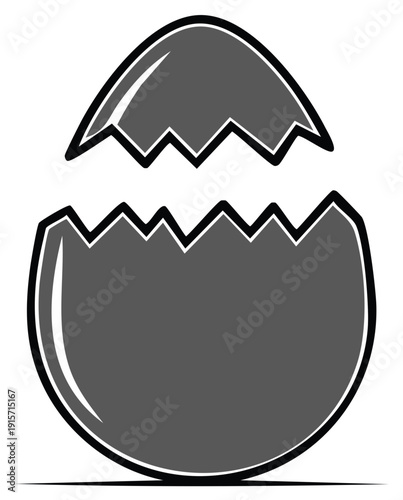 Cracked eggshell illustration in grey, cartoon style.