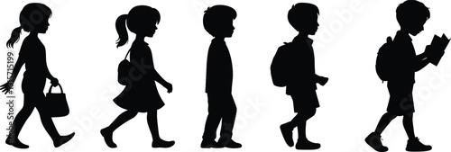 Children walking with backpacks books silhouette flat vector illustration design