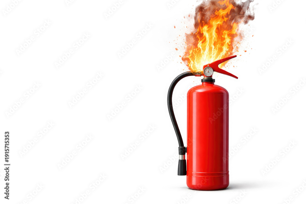 Obraz premium A fire extinguisher from which fire bursts out. Space for text.