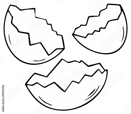 Illustration of three broken eggshell pieces, showing cracking and jagged edges, outline art