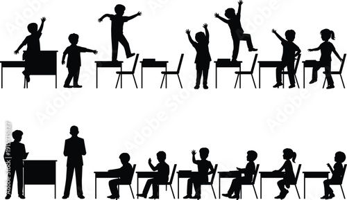Classroom behavior silhouette icon set, education activity illustration, vector graphic, learning school symbol, flat vector