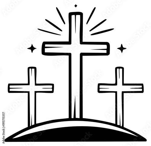 Three Christian Crosses atop a hill symbolizing faith hope and redemption