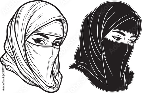 Black and White Silhouettes of Women Wearing Hijab and Niqab, Muslim Female Portraits