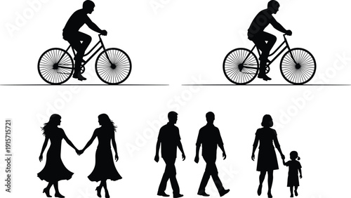 Cyclists and people walking silhouette illustration family friendship activity flat vector