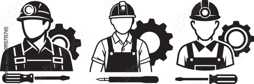 Three stylized workers in hard hats and overalls, each with a gear and screwdriver, symbolizing industry and labor in a clean vector graphic.