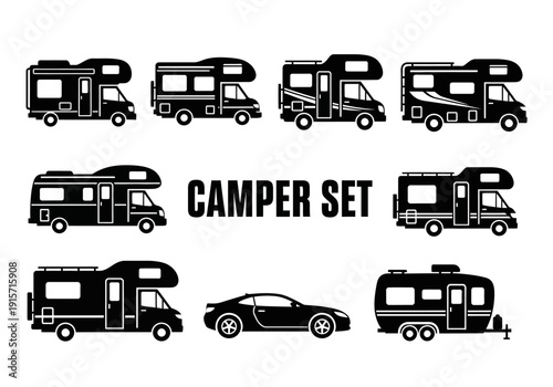 Black silhouettes of various campers trailers and a car arranged in a decorative set high quality