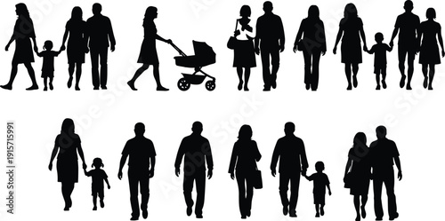 Families walking together silhouette, parents children stroller outdoor lifestyle flat vector