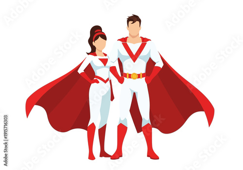 A male and female superhero duo stand confidently both wearing red capes and white suits