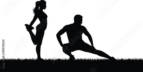 Fitness stretching silhouette icon set, exercise illustration, vector graphic, workout health symbol, flat vector