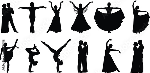 Flat vector silhouettes of dancers performing ballet ballroom contemporary dance styles