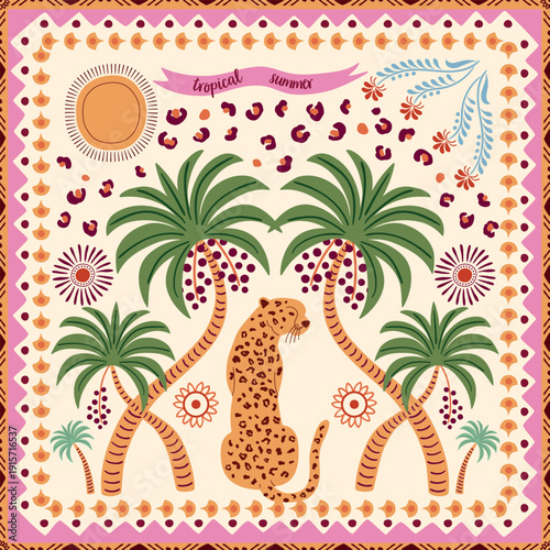 Tropical tile with palm tree and leopard. Summer scarf design, square seamless pattern. Hand drawn ethnic geometric ornament jungle elements, animal skin spots, sun. Vector background, textile design.
