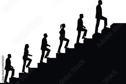 Flat vector silhouettes of people climbing stairs career growth success progressFlat vector silhouettes of people climbing stairs career growth success progress